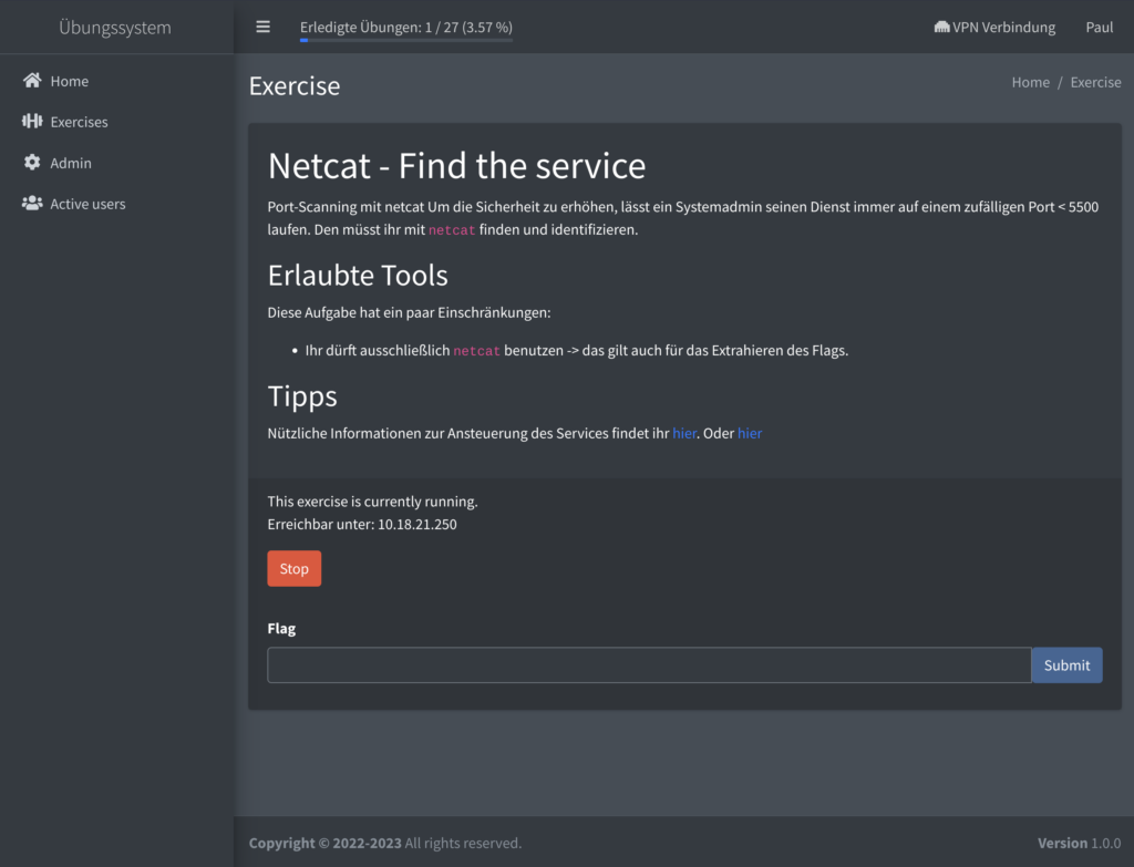 Web-Oberfläche von THEO. Beispielsweise wird die Übung "Netcat - Find the service" angezeigt,